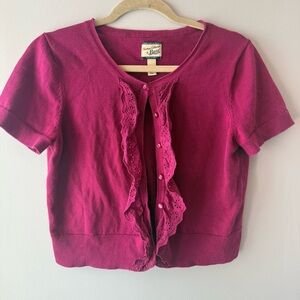 Heritage Collection by Bass Pink Button-Up Short Sleeve Cardigan with Lace Trim